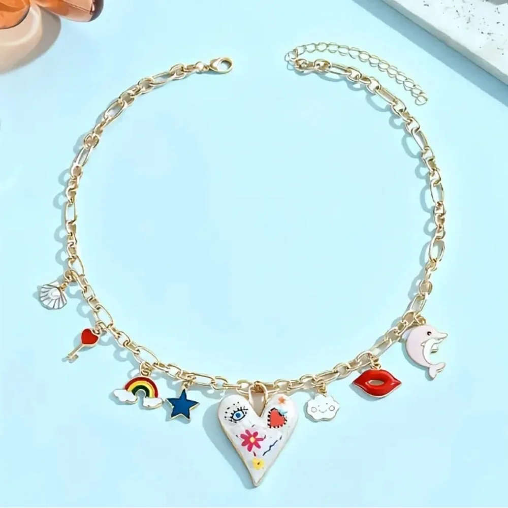 NEW Gold Charm Necklace with Colorful Accents
